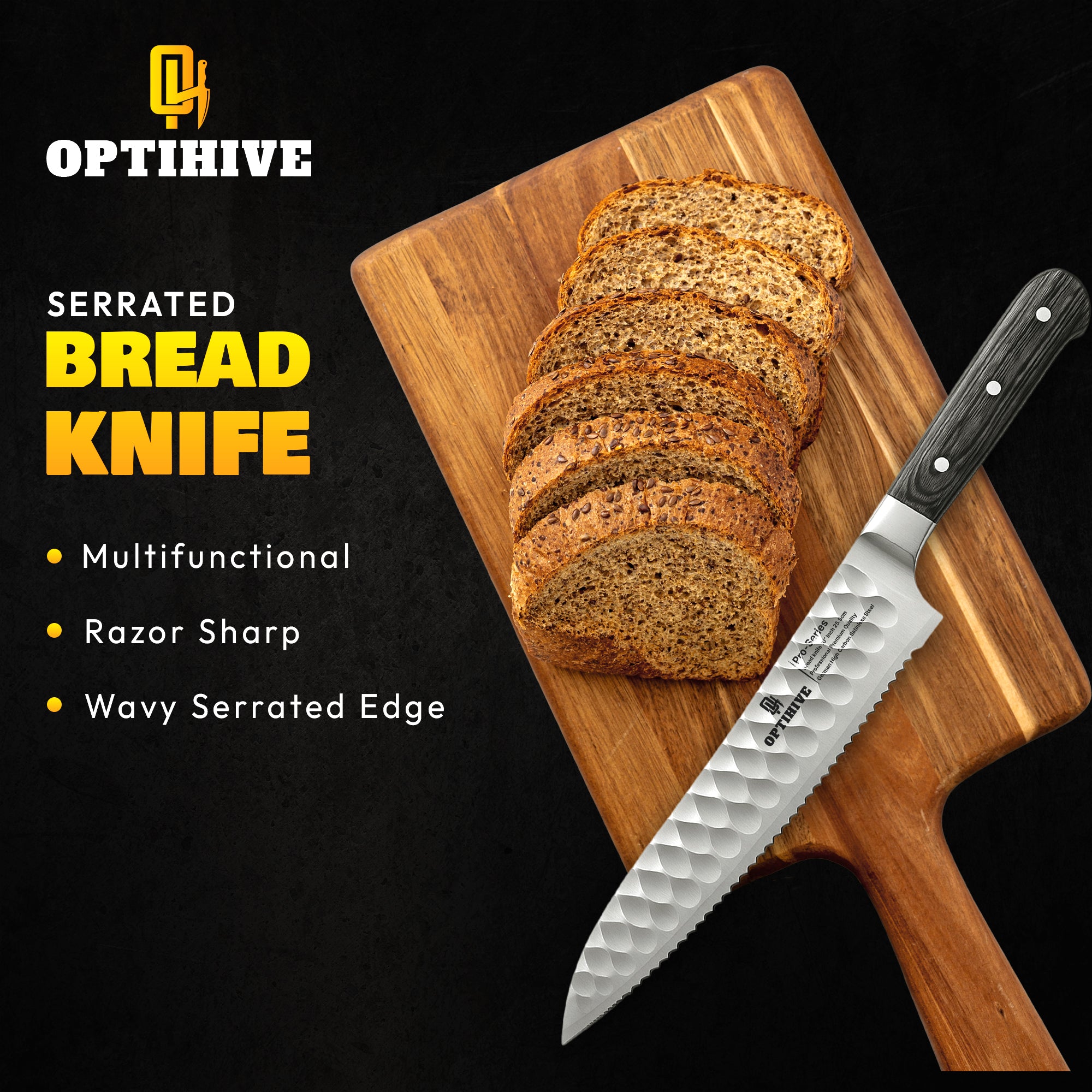 OPTIHIVE Bread Knife 10 Inch – Professional Serrated Knife for Homemade Bread, Forged German High Carbon Stainless Steel, Razor-Sharp Edge for Efficient Slicing Sourdough Bread