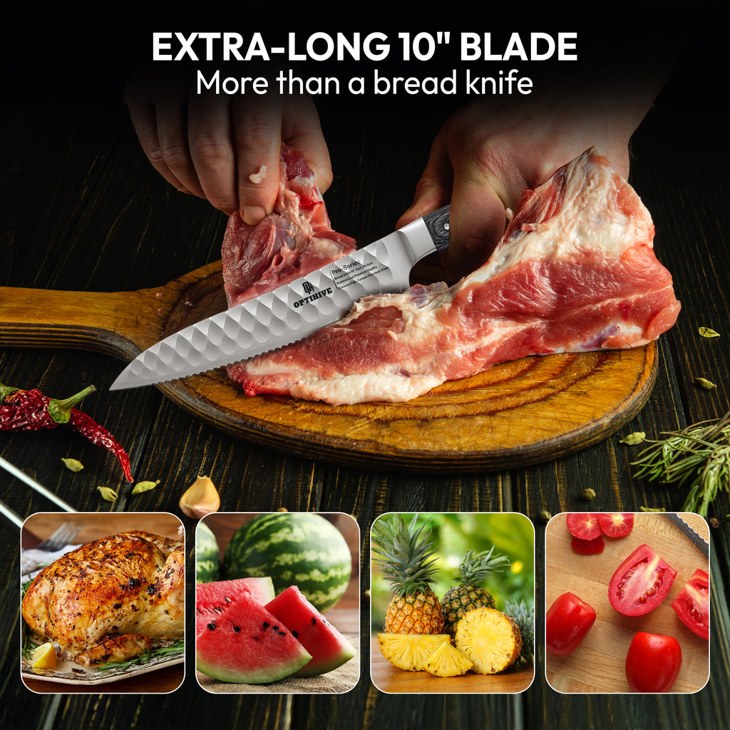 OPTIHIVE Bread Knife 10 Inch – Professional Serrated Knife for Homemade Bread, Forged German High Carbon Stainless Steel, Razor-Sharp Edge for Efficient Slicing Sourdough Bread