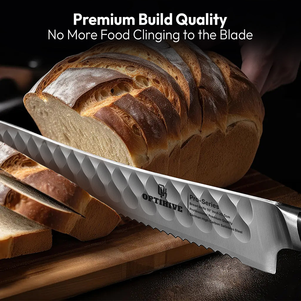 OPTIHIVE Bread Knife 10 Inch – Professional Serrated Knife for Homemade Bread, Forged German High Carbon Stainless Steel, Razor-Sharp Edge for Efficient Slicing Sourdough Bread