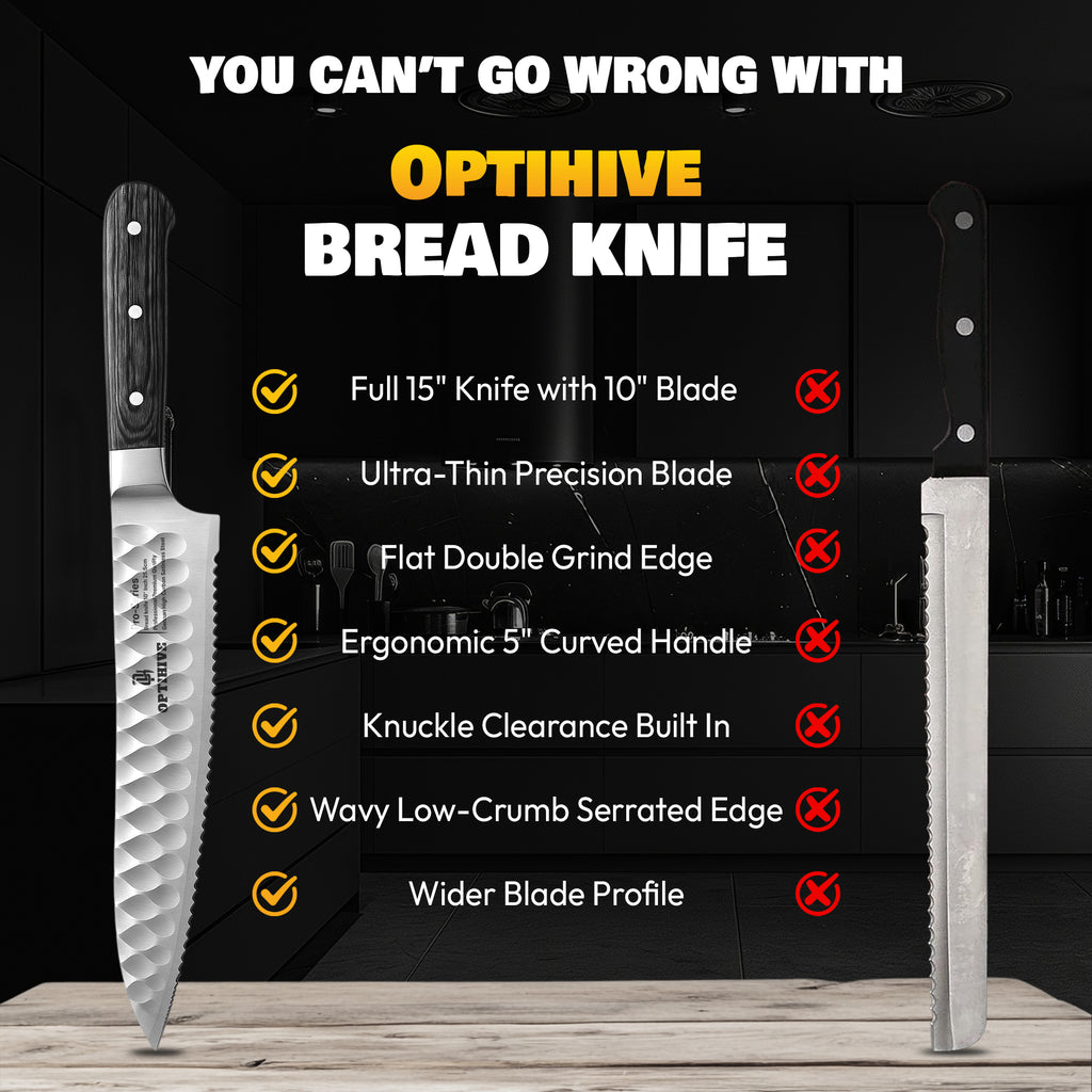 OPTIHIVE Bread Knife 10 Inch – Professional Serrated Knife for Homemade Bread, Forged German High Carbon Stainless Steel, Razor-Sharp Edge for Efficient Slicing Sourdough Bread