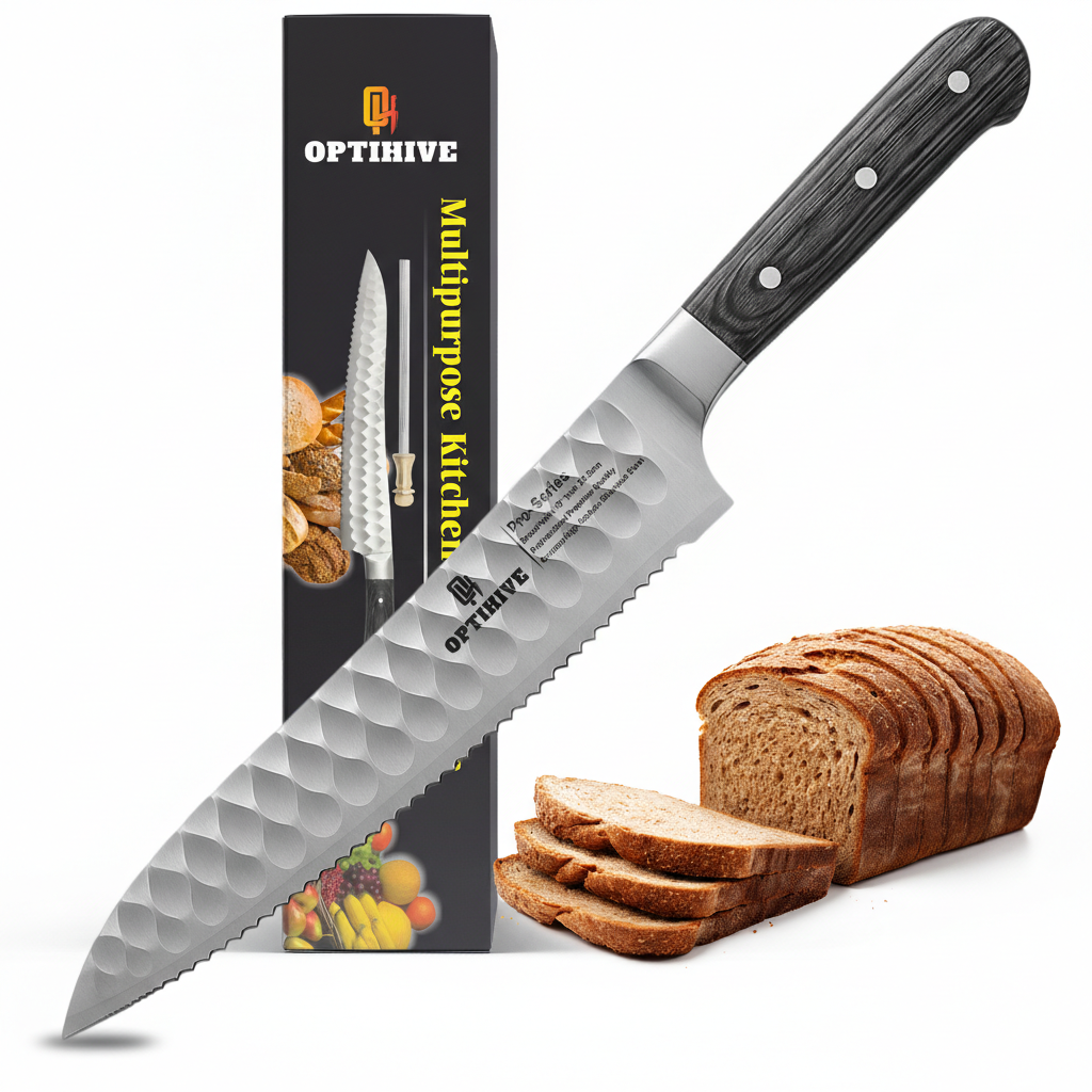 OPTIHIVE Bread Knife 10 Inch – Professional Serrated Knife for Homemade Bread, Forged German High Carbon Stainless Steel, Razor-Sharp Edge for Efficient Slicing Sourdough Bread